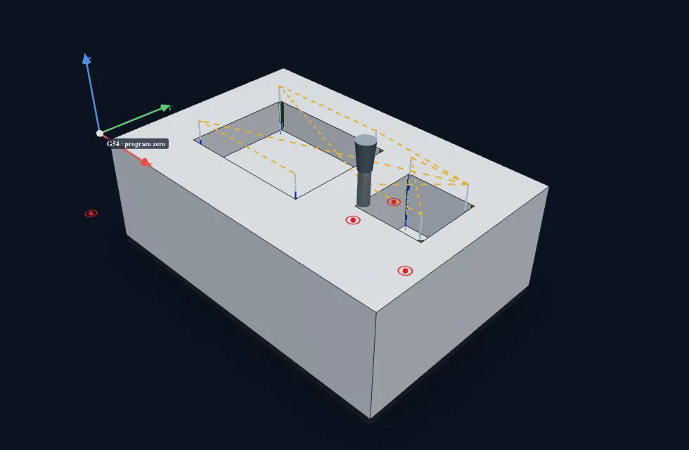 QCam toolpath simulation: an end mill finishing two rectangular pockets in a steel block, with dashed toolpaths and the program zero marked.