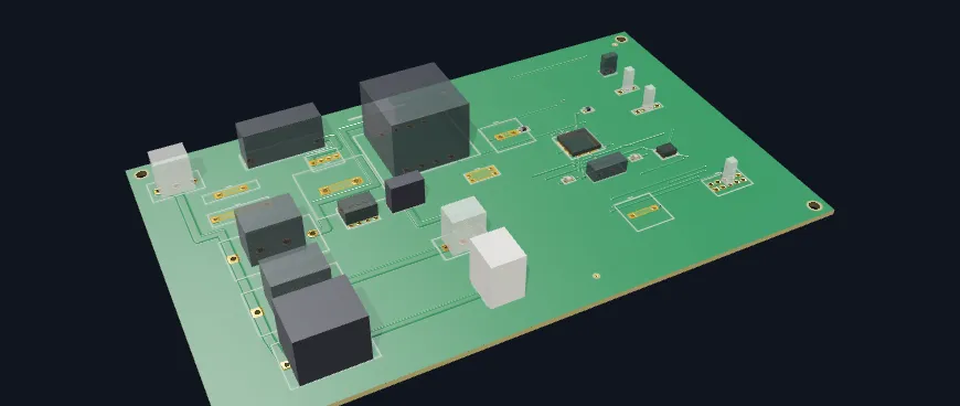 QPCB 3D view of an appliance controller board with relays, an IC and connectors.