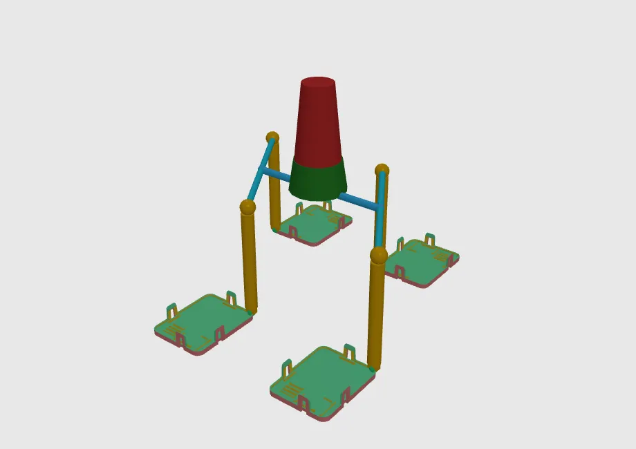 QPlast mould layout: a sprue feeding H-pattern runners to four moulded cavities through edge gates.